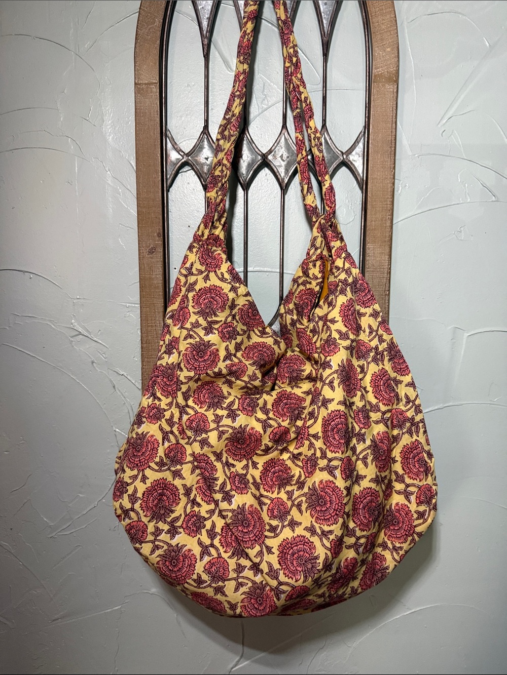 Yellow Floral Shoulder Bag with Red Print